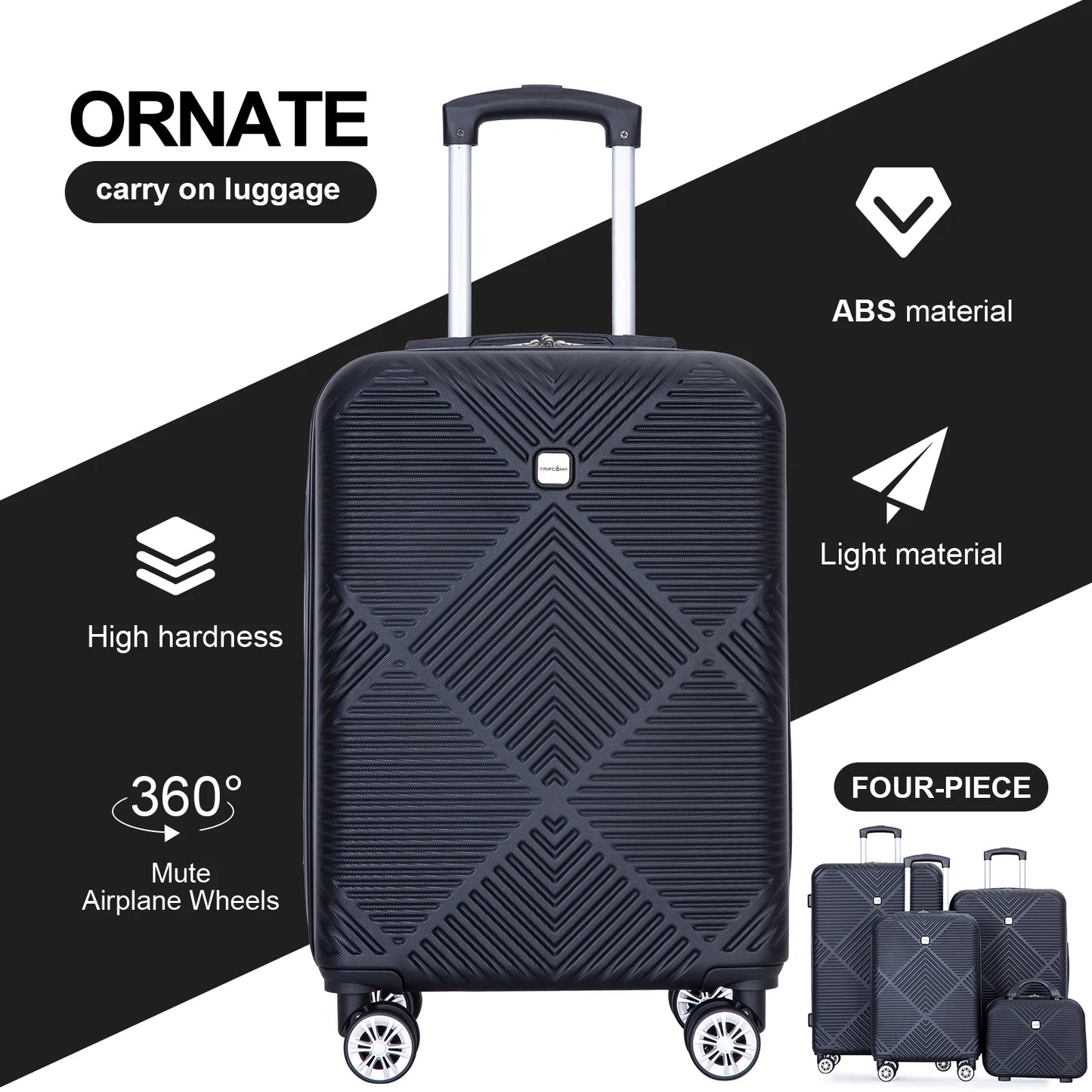 Tripcomp Luggage Sets 4 Piece Suitcase Set (14/20/24/28)Hardside Suitcase with Spinner Wheels Lightweight Carry on Luggage(Black)