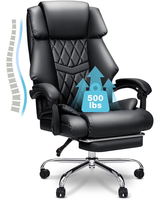 Hoffree Executive Office Chair Big and Tall Office Chair with Footrest Reclining Leather Chair High Back Ergonomic Computer Desk Chair with Lumbar Back Support for Home Office 500lbs, Black