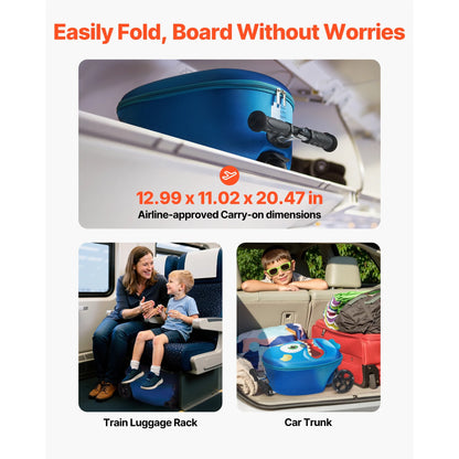 KFFKFF Ride-on Luggage for Kids, 20L Capacity, 20-Inch Scooter Suitcase with Flashing PU Wheels, Adjustable Handle & Non-Slip Grip, Foldable and Lightweight Design for Children Aged 5+, Blue
