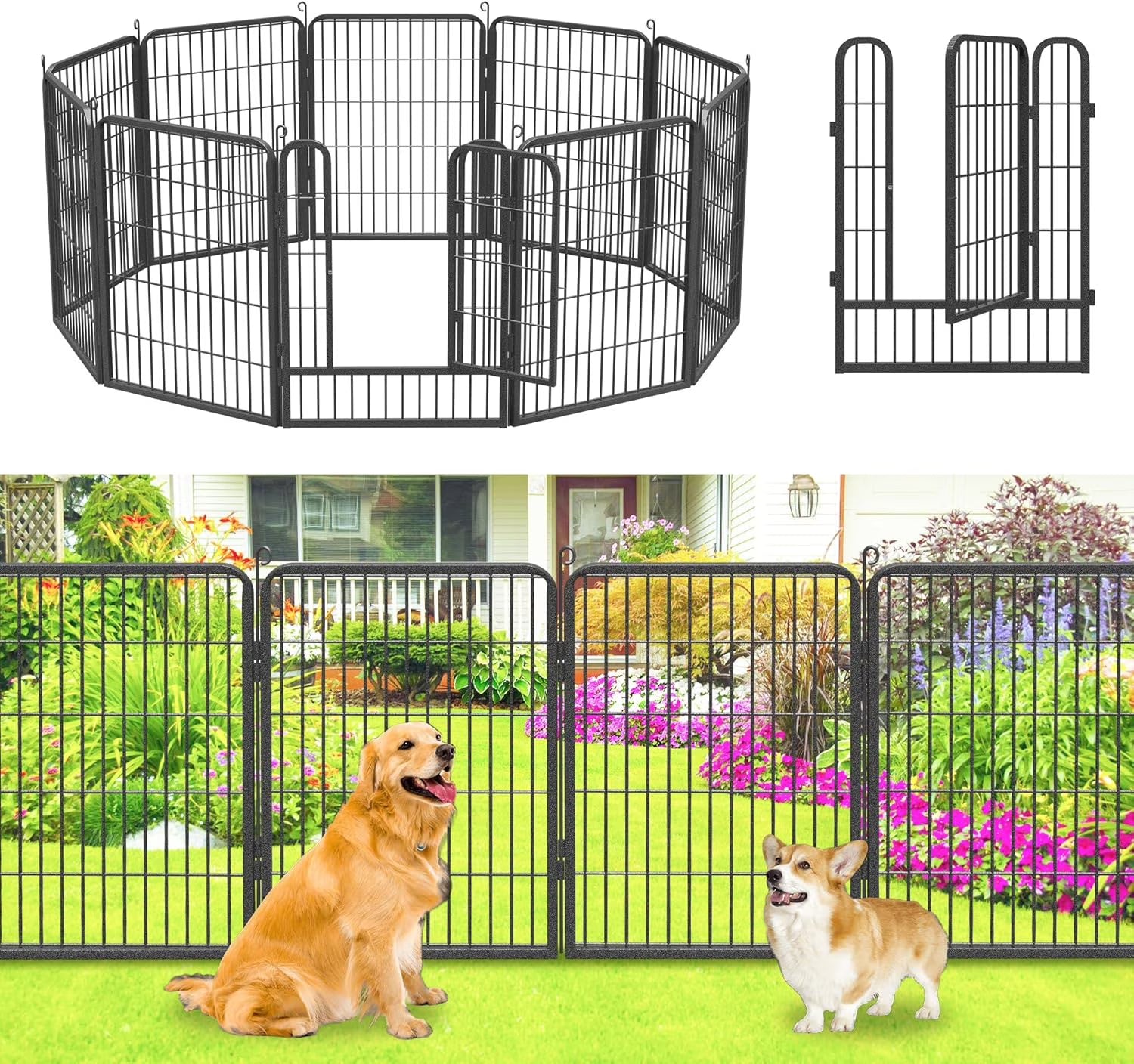 Jhsomdr Garden Fence Outdoor 22ft(L)32in(H) No Dig Fence Panels with Gate, 10 Panels Decorative Garden Fencing Metal Animal Barrier Fence Flower Bed Fencing for Patio Backyard