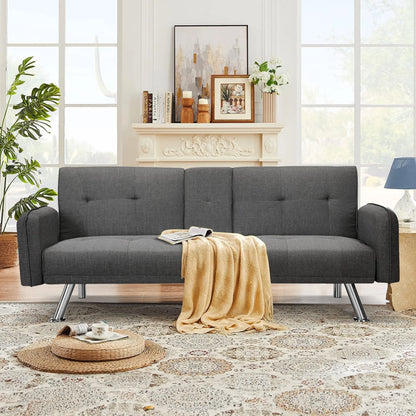 Aukfa 75" Square Arm Futon Convertible Sofa Bed for Home Office, 2 Cup Holders, Linen, Dark Gray