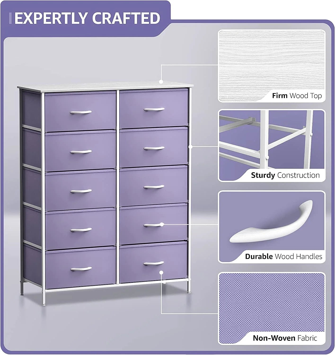 Sorbus Dresser with 10 Drawers - Storage Unit Organizer Chest for Clothes - Bedroom, Kids Room, Nursery, & Closet - Steel Frame, Wood Top, and Easy Pull Fabric Bins