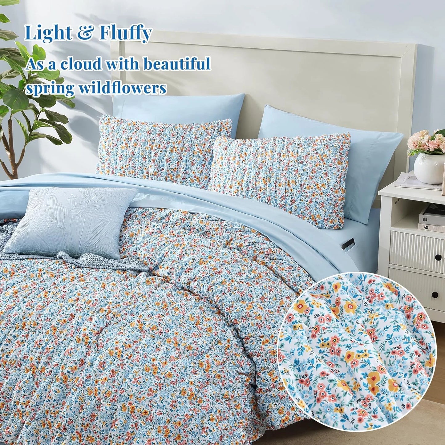 7 Pieces Blue Classic Puff Floral Bedding Sets for All Seasons, Shabby Chic Farmhouse Bed in a Bag Queen with Wildflowers Fluffy Comforter, Sheets, Pillowcases & Shams