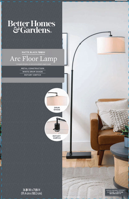 Better Homes Gardens 71"H Black Metal Arc Floor Lamp, Classic, Adult Home Office