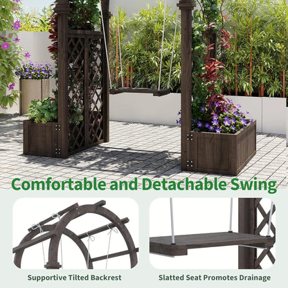 Wooden Garden Arbor with Planter& Swing,Outdoor Arbor Trellis for Climbing Plants, Roses, Vines, Outside Pergola Planter, Garden Arch for Lawn Backyard Wedding Ceremony Bridal Party