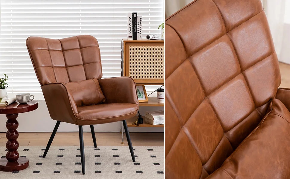 Modern Accent High Back Chair, Bonded Leather Armchair, Living Room Chairs with Metal Legs and Soft Padded, Sofa Chairs for Home Office/Bedroom/Dining Room, Brown (1pc)