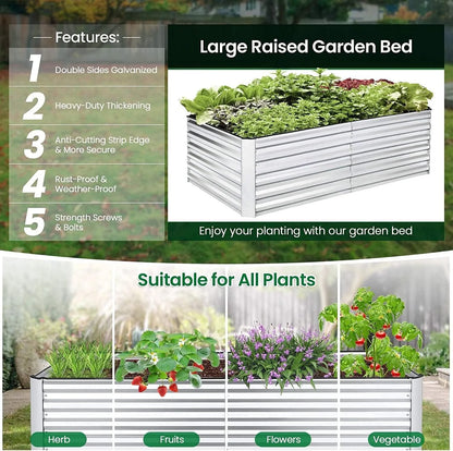 SEJOV 8x4x2FT Galvanized Raised Garden Bed Kit, Rectangular Raised Garden Planter Boxes, Metal Raised Flower Beds Outdoor with 478 Gallons Capacity, for Flowers Herbs Vegetable, Silver