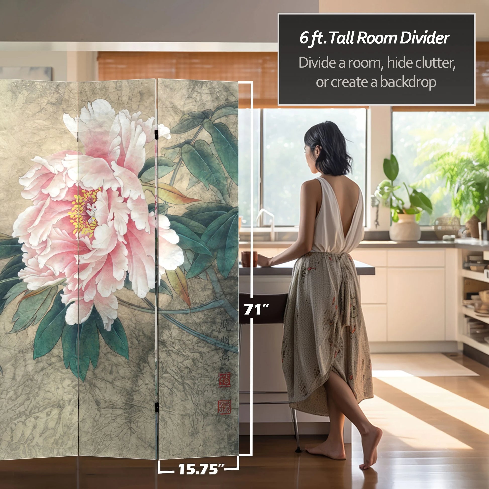 Oriental Furniture 6 Feet Tall Double Sided Doves and Peonies Canvas Room Divider