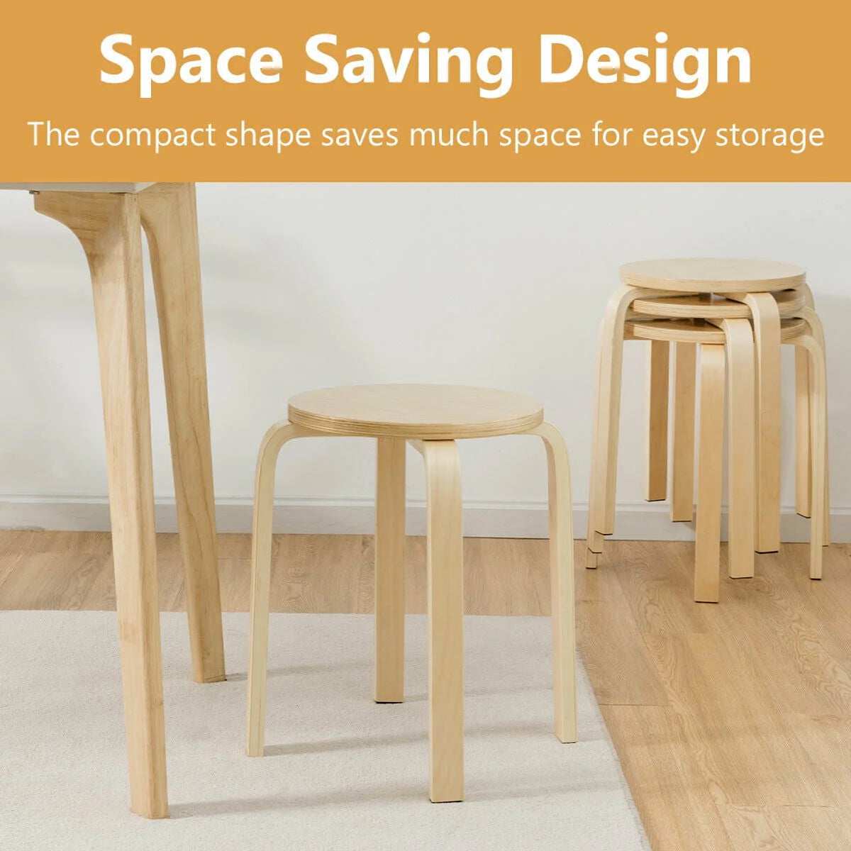 Set of 4 18" Stacking Stool Round Dining Chair Backless Wood Home Decor