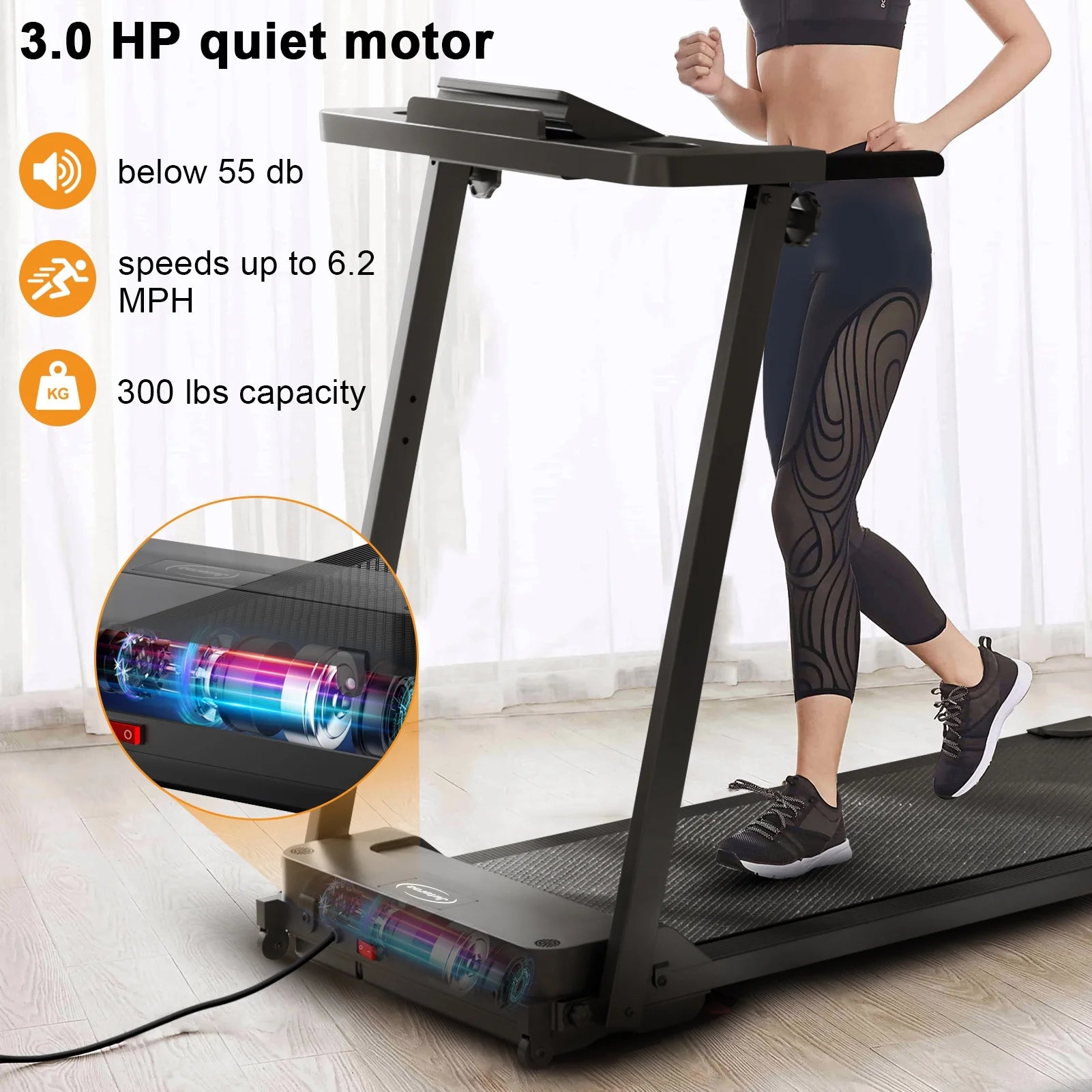 300 lbs Portable Folding Treadmill, 3.0 HP Foldable Compact Treadmill for Home Office, Walking Running Treadmill with LED Display for Exercise