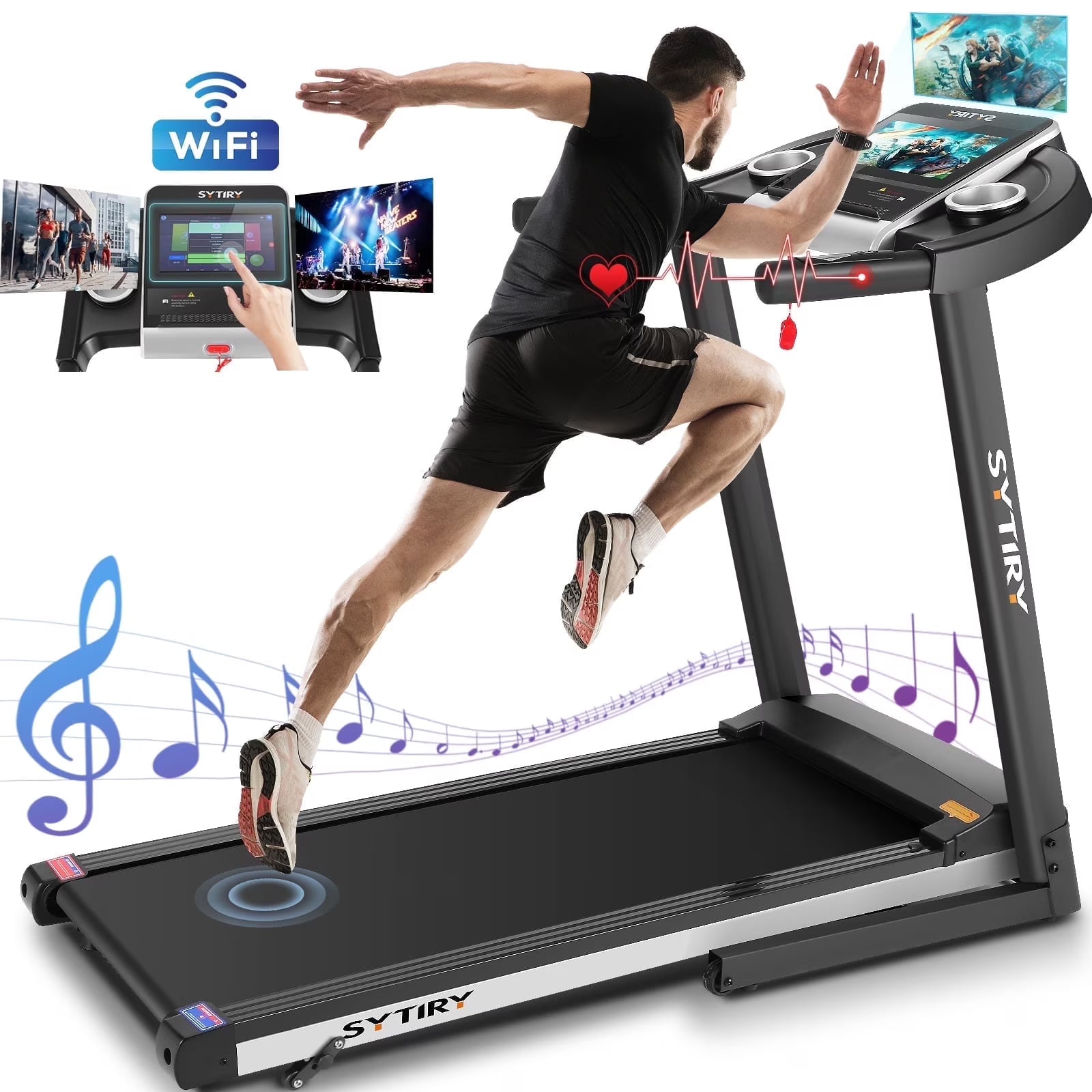 SYTIRY Folding Treadmill w/10" HD Touchscreen WiFi 3.25 HP Adjustable Incline Treadmills, Heart Rate Monito 9 MPH Speed Range Jogging Running Machine for Home Office 265lbs Weight Capacity