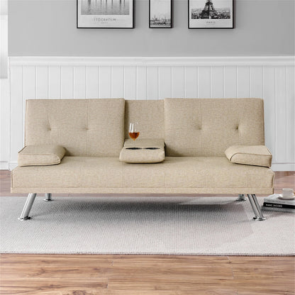 Aukfa Leather Futon Convertible Sofa Bed for Home Office, 2 Cup Holders Twin Size, Beige