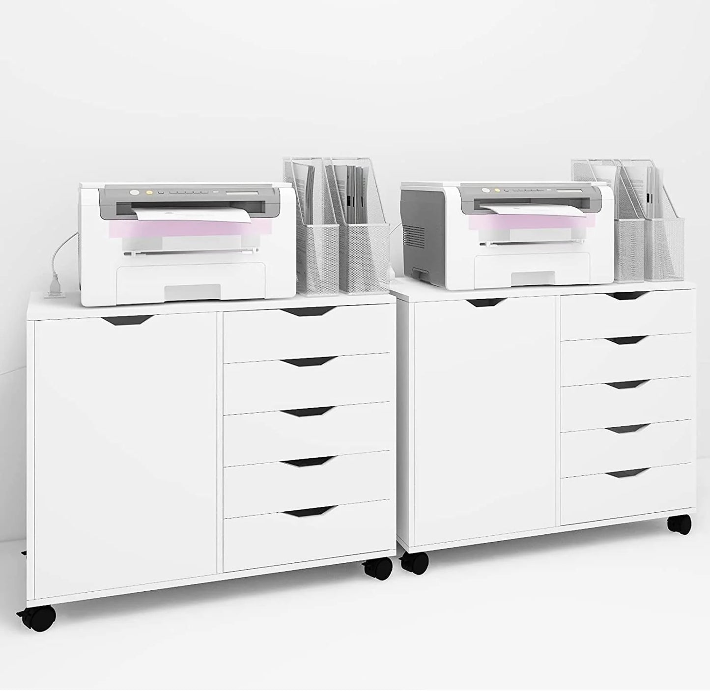Natwind 5-Drawer Mobilable Wood Printer Stand with Charging Station,Cart File Storage Cabinets with Socket and Door Home Office Lateral Filing Cabinet(white)