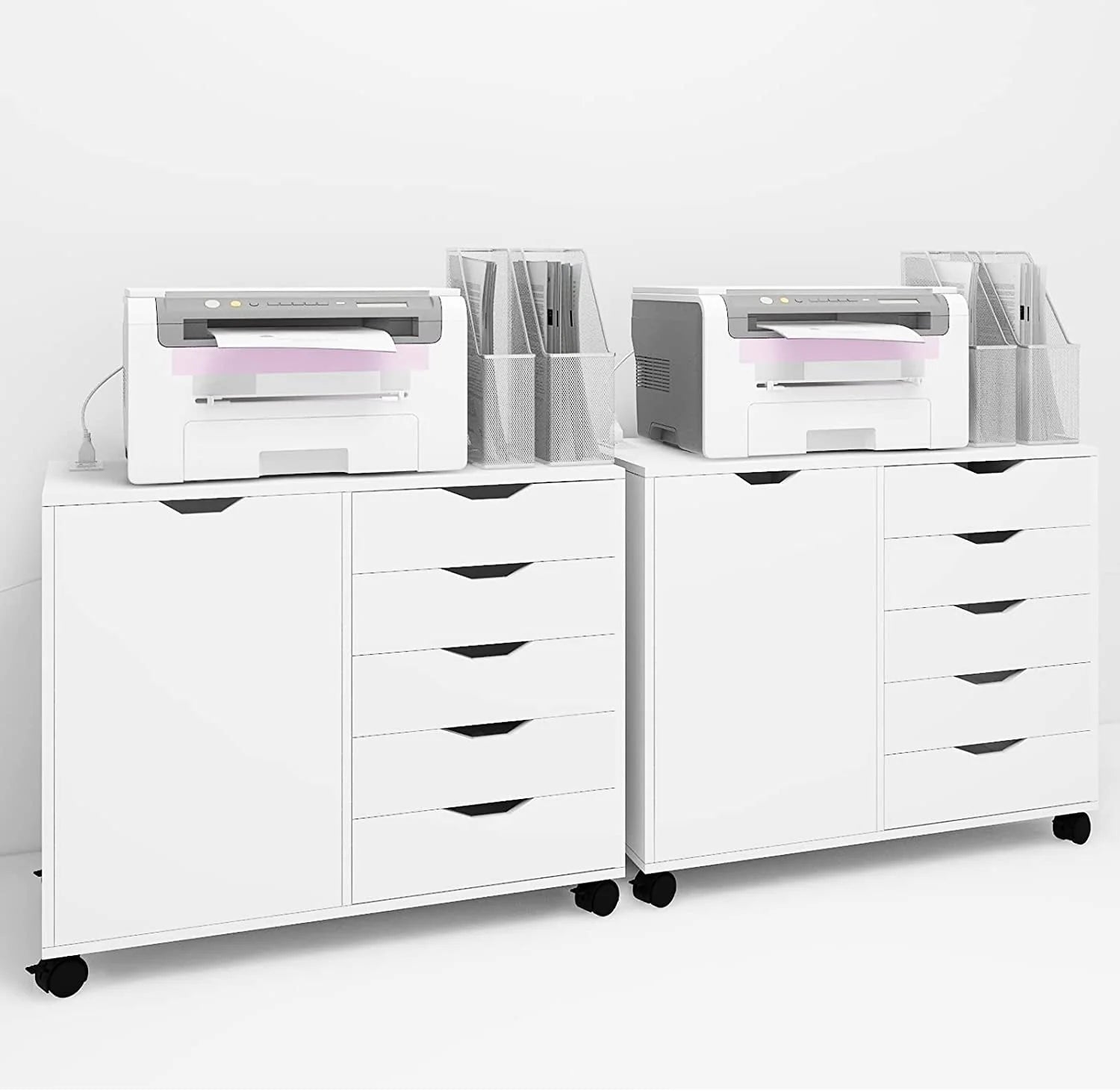 Natwind 5-Drawer Mobilable Wood Printer Stand with Charging Station,Cart File Storage Cabinets with Socket and Door Home Office Lateral Filing Cabinet(white)