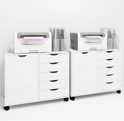 Natwind 5-Drawer Mobilable Wood Printer Stand with Charging Station,Cart File Storage Cabinets with Socket and Door Home Office Lateral Filing Cabinet(white)