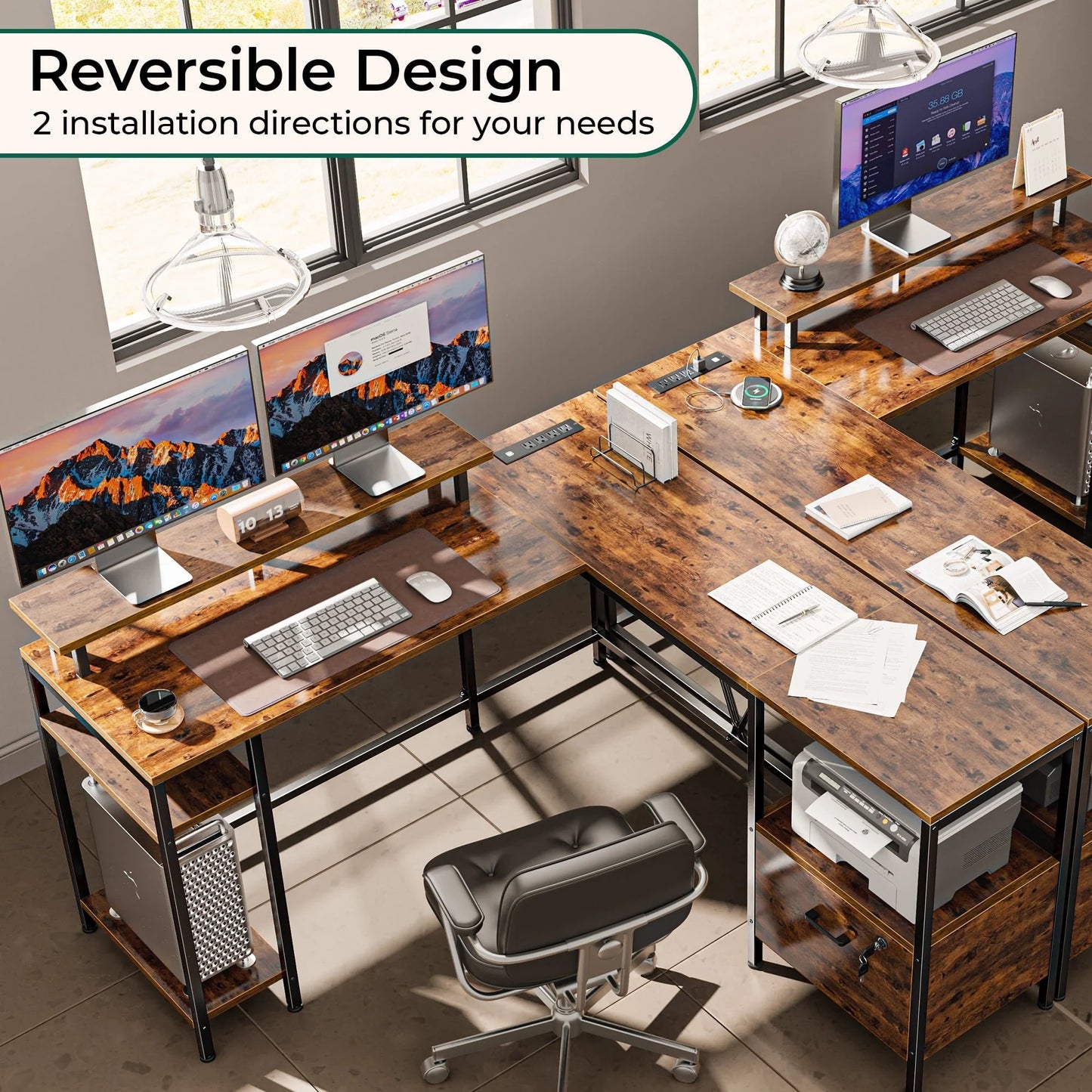 Huuger L Shaped Desk with Power Outlets & LED Lights, Reversible Computer Desk with File Cabinet & Storage Shelves, Corner Gaming Desk Home Office Desk, Rustic Brown