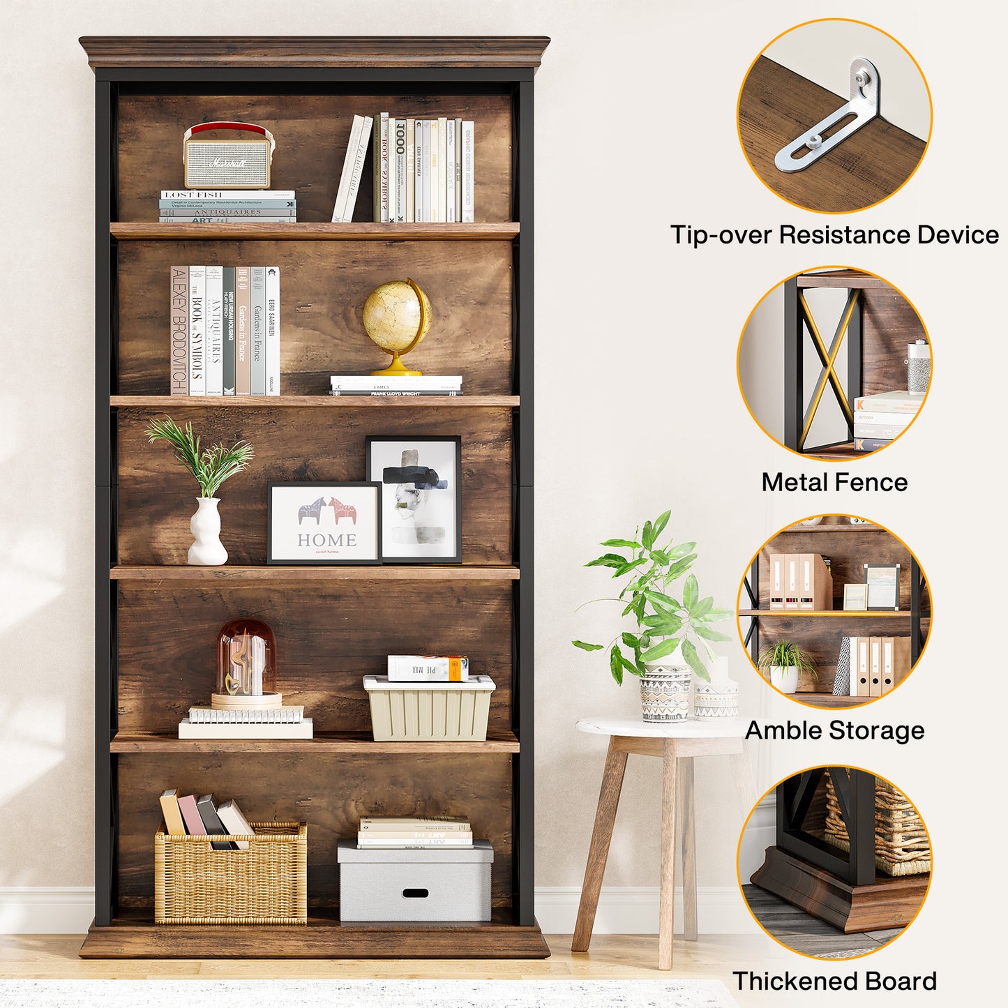 Fnova 71" 5-Tier Tall Bookshelf, Industrial Wood Bookcase with Metal Frame, Floor Standing Display Storage Shelves for Home Office, Living Room, Bedroom