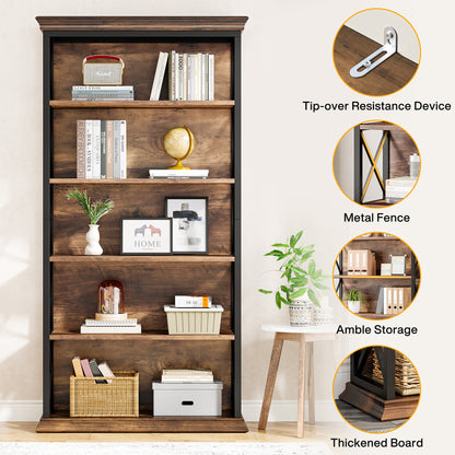 Fnova 71" 5-Tier Tall Bookshelf, Industrial Wood Bookcase with Metal Frame, Floor Standing Display Storage Shelves for Home Office, Living Room, Bedroom