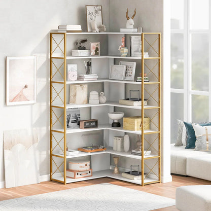 7-Tier Bookcase, L-Shaped Corner Bookcase, Tall Bookshelf with Metal Frame, Industrial Style Shelf with Open Storage, Bookshelf for Home Office Living Room and Bedroom, Gold+White