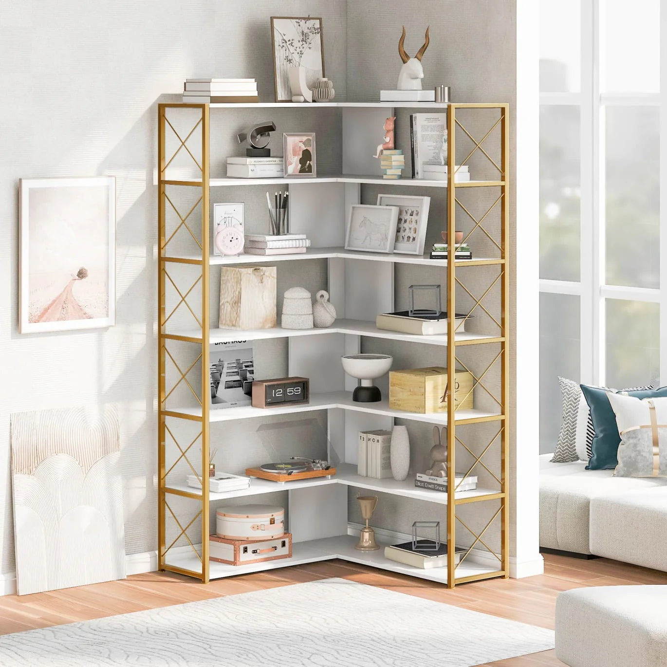 7-Tier Bookcase, L-Shaped Corner Bookcase, Tall Bookshelf with Metal Frame, Industrial Style Shelf with Open Storage, Bookshelf for Home Office Living Room and Bedroom, Gold+White