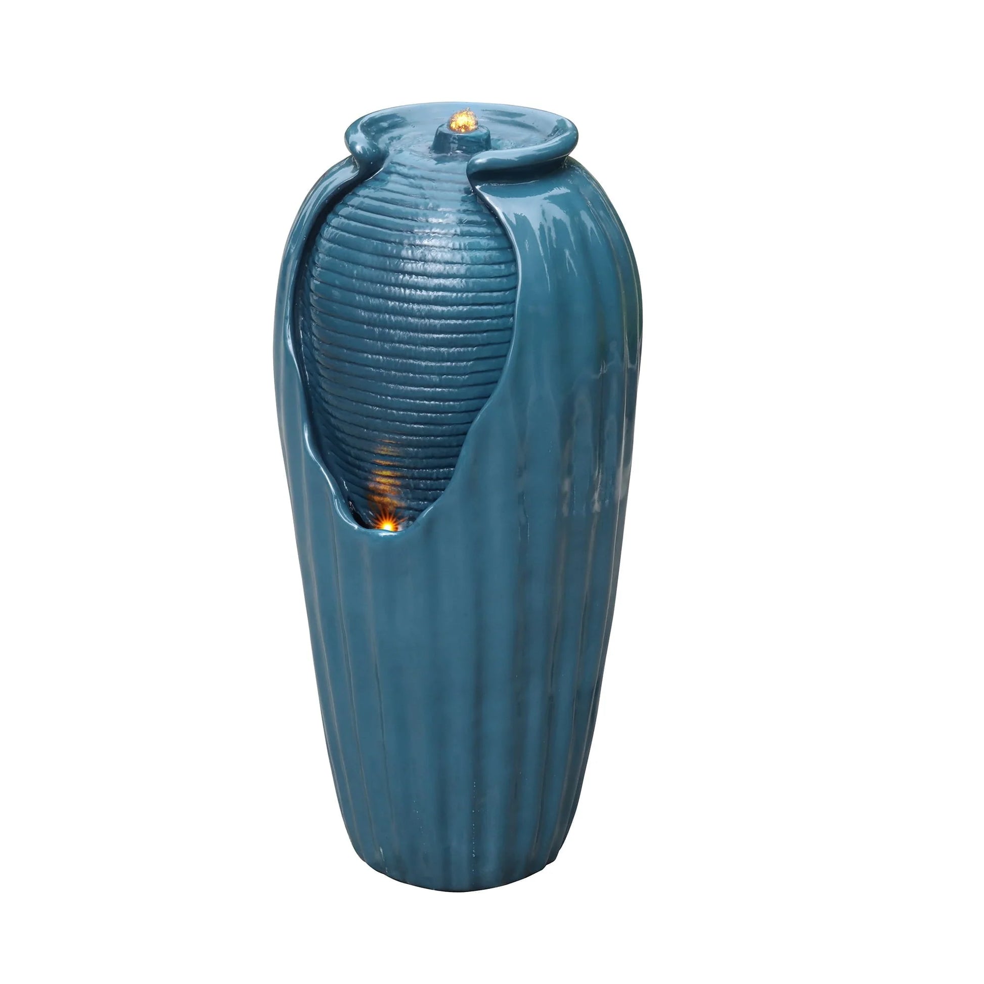 Teamson Home Indoor/Outdoor Glazed Contoured Vase Water Fountain for Backyard with LED Lights, Blue