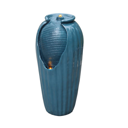 Teamson Home Indoor/Outdoor Glazed Contoured Vase Water Fountain for Backyard with LED Lights, Blue