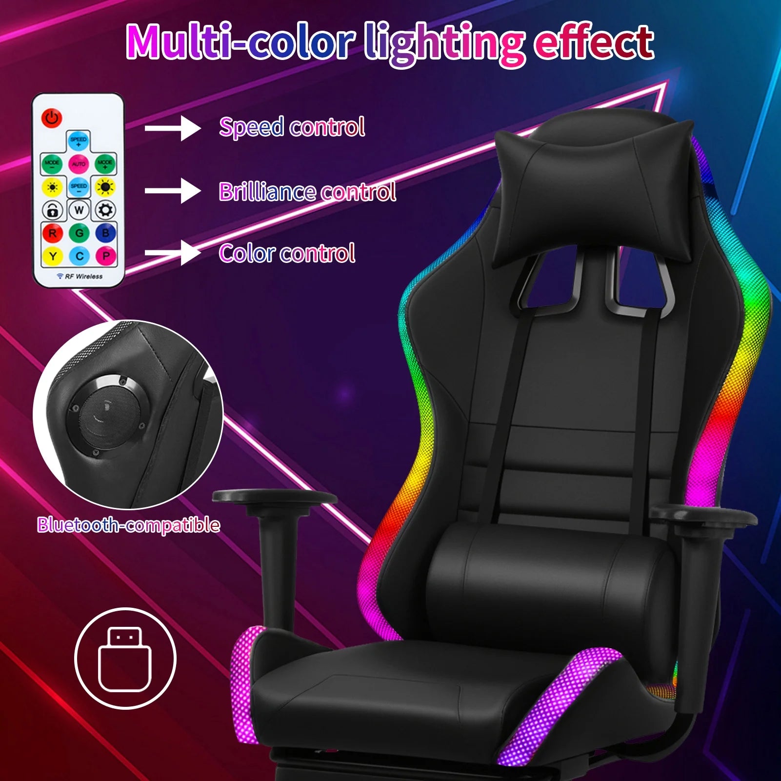 Nanly Gaming Chair with Retractable Footrest, Ergonomic Computer Racing Chair with Two Bluetooth-compatible Speakers and Multiple RGB LED Light Modes Swivel Rolling Computer Chair for Home Office