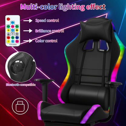Nanly Gaming Chair with Retractable Footrest, Ergonomic Computer Racing Chair with Two Bluetooth-compatible Speakers and Multiple RGB LED Light Modes Swivel Rolling Computer Chair for Home Office