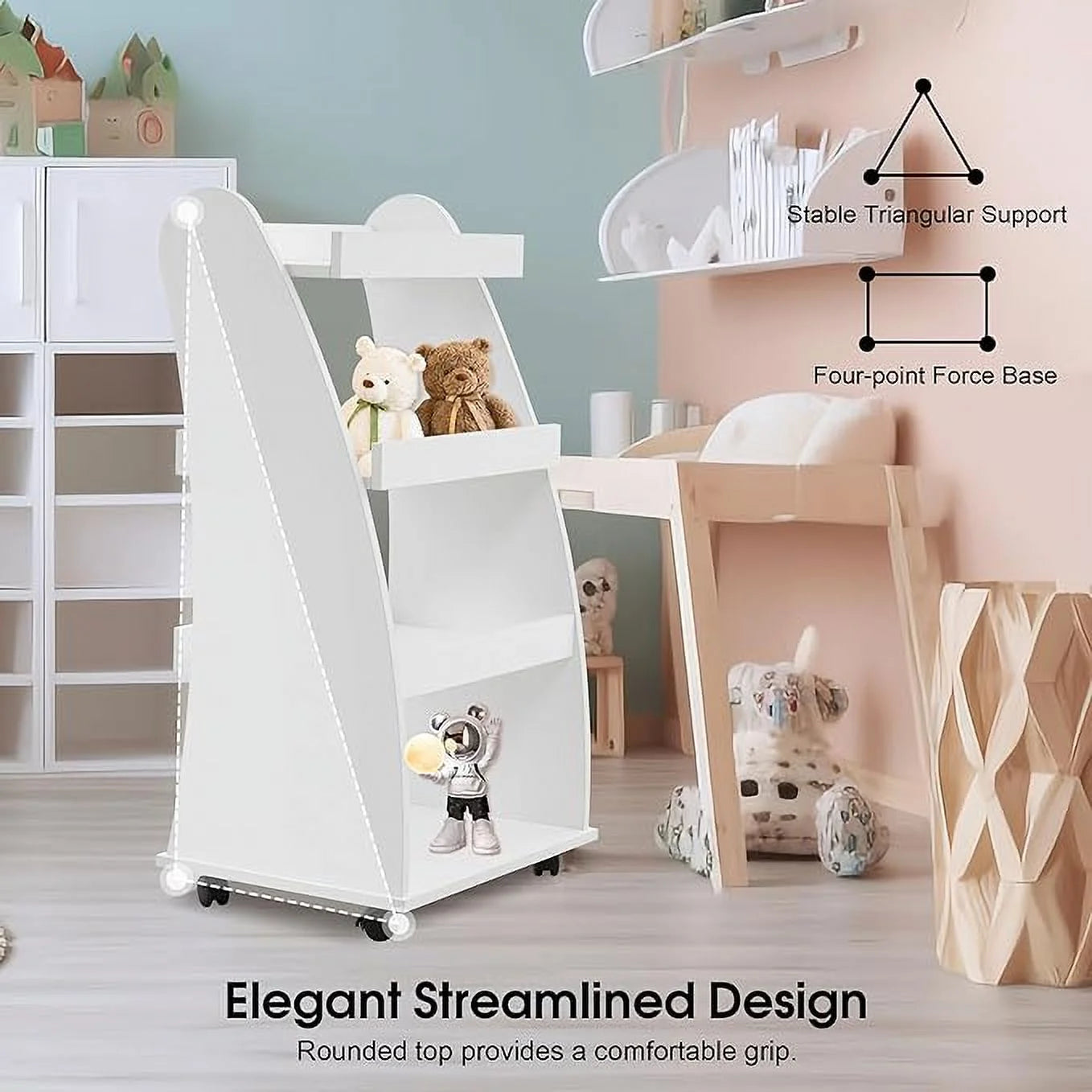BarberPub Kids Bookshelf with Wheels, 4-Tier Rolling Cart with Storage, Book Organizer, Children's Bookcases with Shelves for Nursery, Playroom, Bedroom 2030