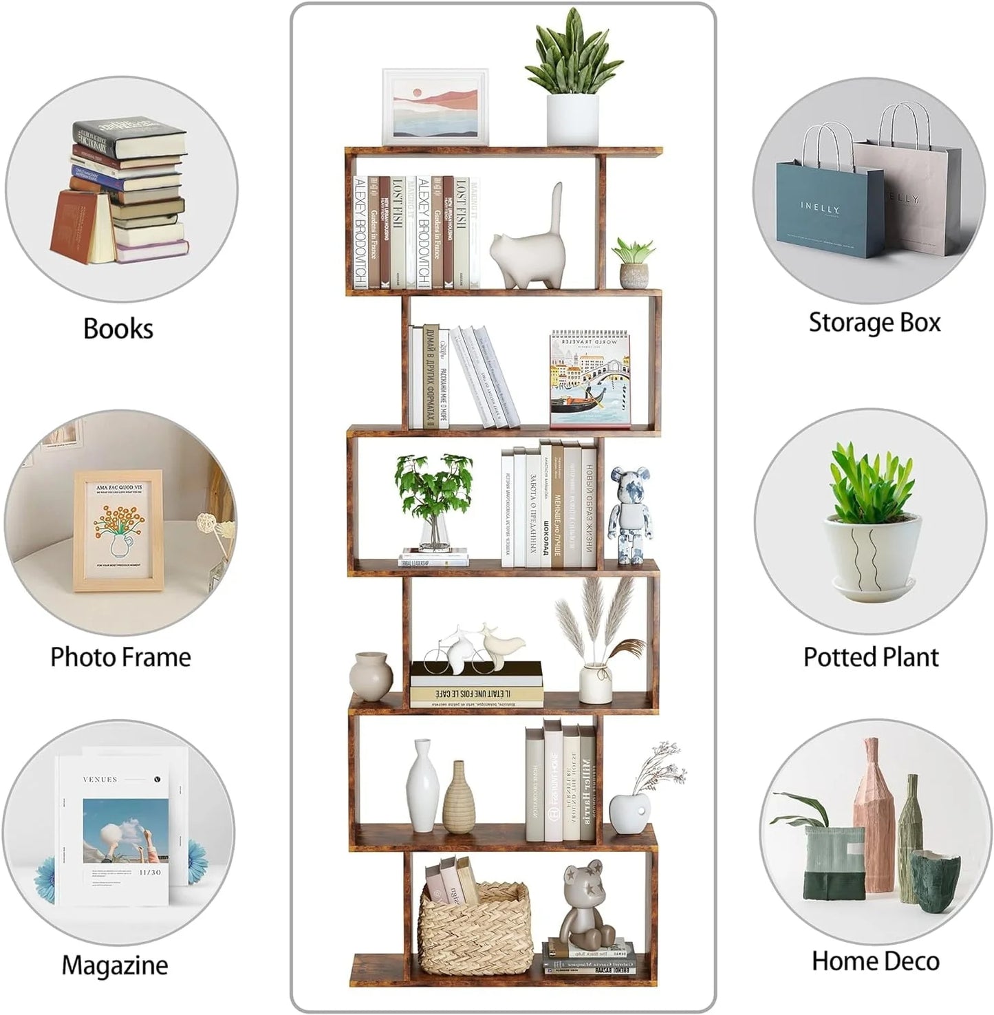 Geometric Bookcase, Bookshelf 6-Tier S Shaped Book Shelves For Bedroom, Modern Wood Decorative Display Shelf Tall Book Case For Home Office, Rustic Brown