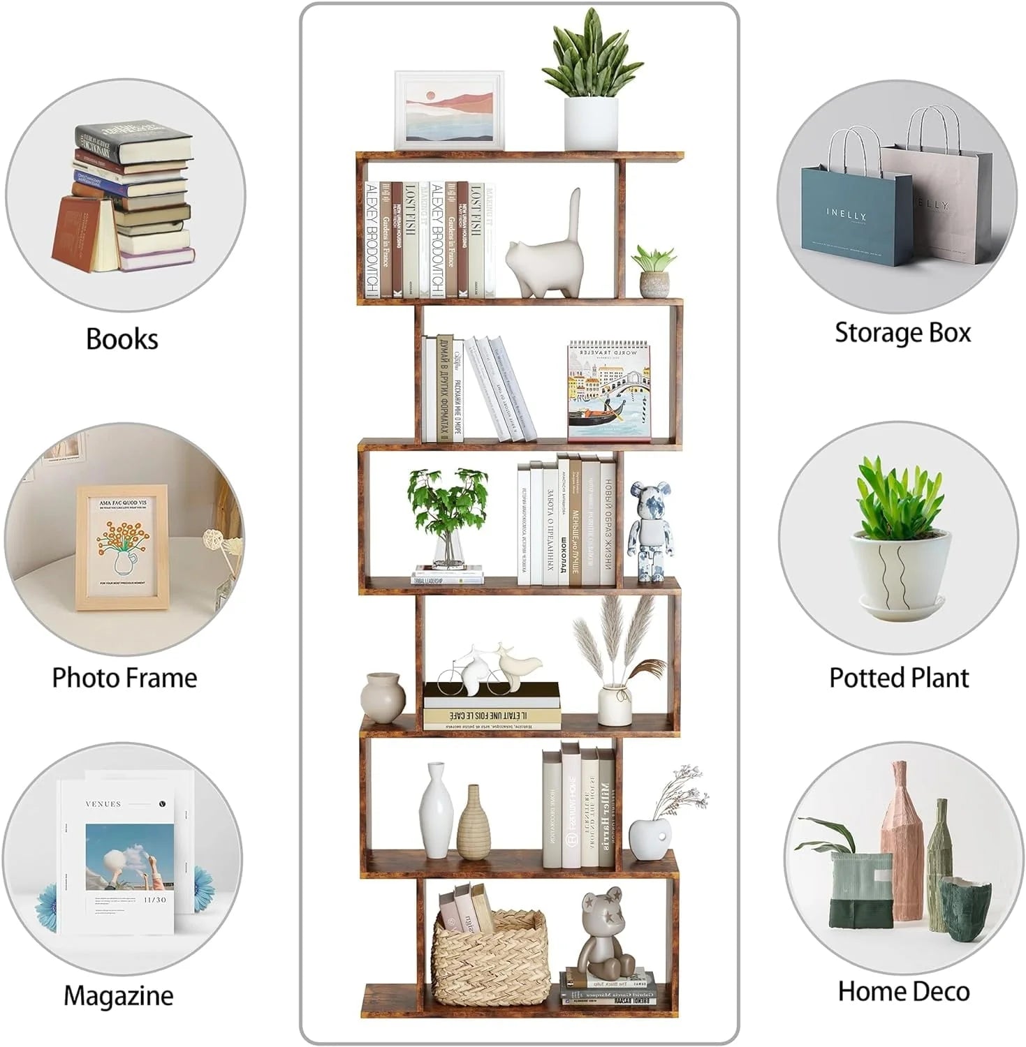 Geometric Bookcase, Bookshelf 6-Tier S Shaped Book Shelves For Bedroom, Modern Wood Decorative Display Shelf Tall Book Case For Home Office, Rustic Brown