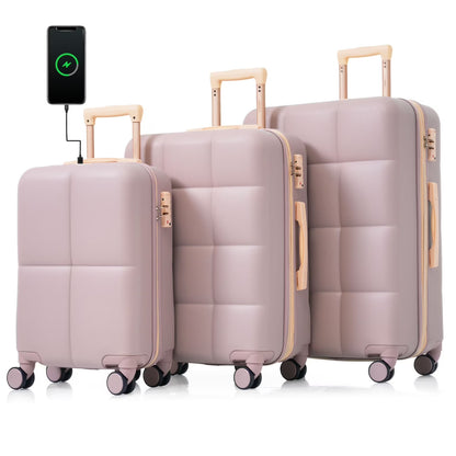 3 Piece Luggage Set , 20/24/28 inches Suitcase Set , ABS Hardshell Expandable Luggage Sets with TSA Lock,20-inch with USB Port, Carry On Luggage for Men Women, Pink