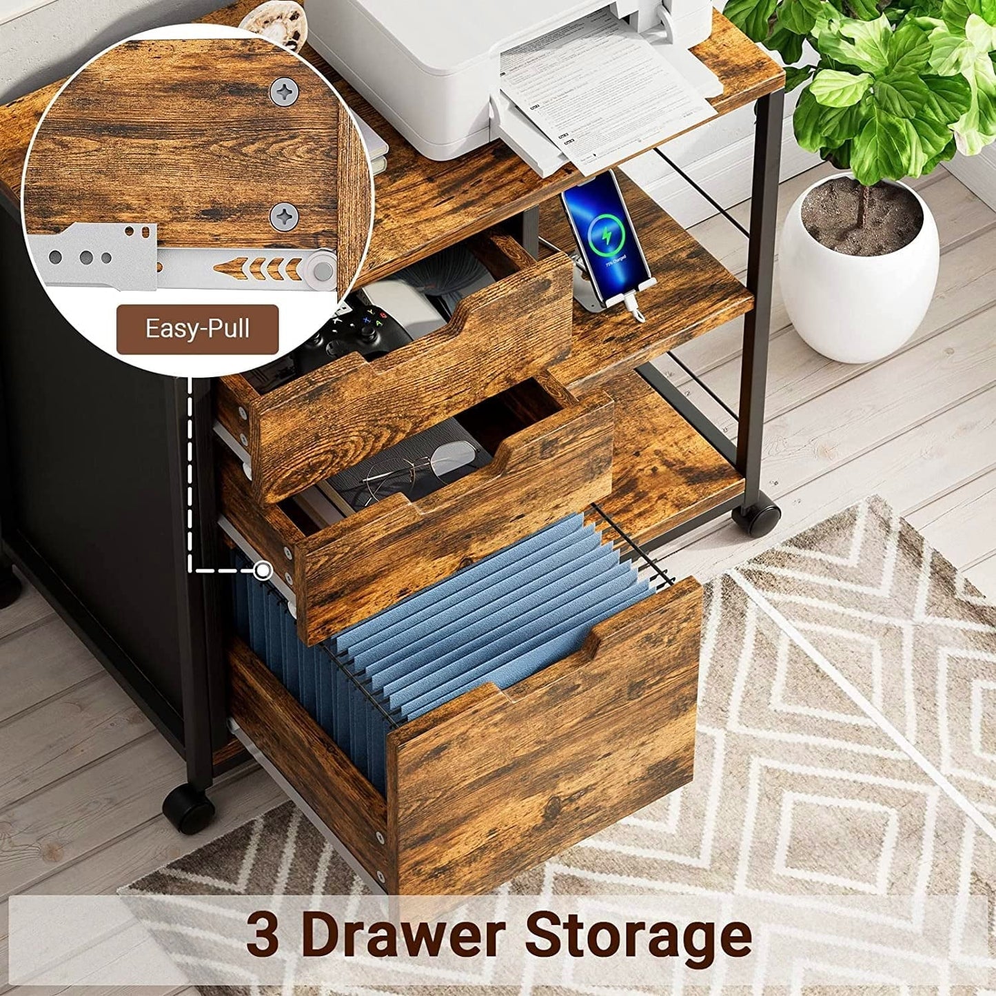 YaFiti File Cabinet, Wooden Rolling File Cabinet with Socket USB Charging Port, Lateral Filing Cabinet Organizer for Home Office , Rustic Brown