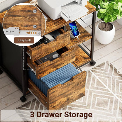 YaFiti File Cabinet, Wooden Rolling File Cabinet with Socket USB Charging Port, Lateral Filing Cabinet Organizer for Home Office , Rustic Brown