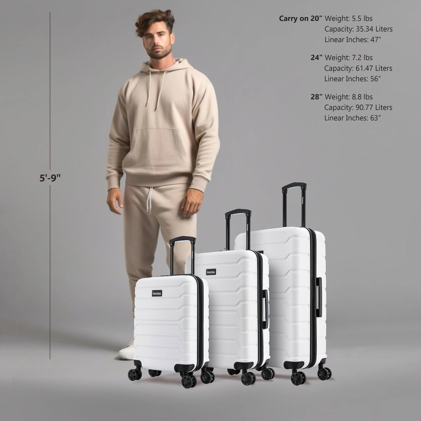 InUSA Trend 3-Piece Hardside Luggage Sets with Spinner Wheels, Handle, Trolley, (20"/24"/28"), Sand