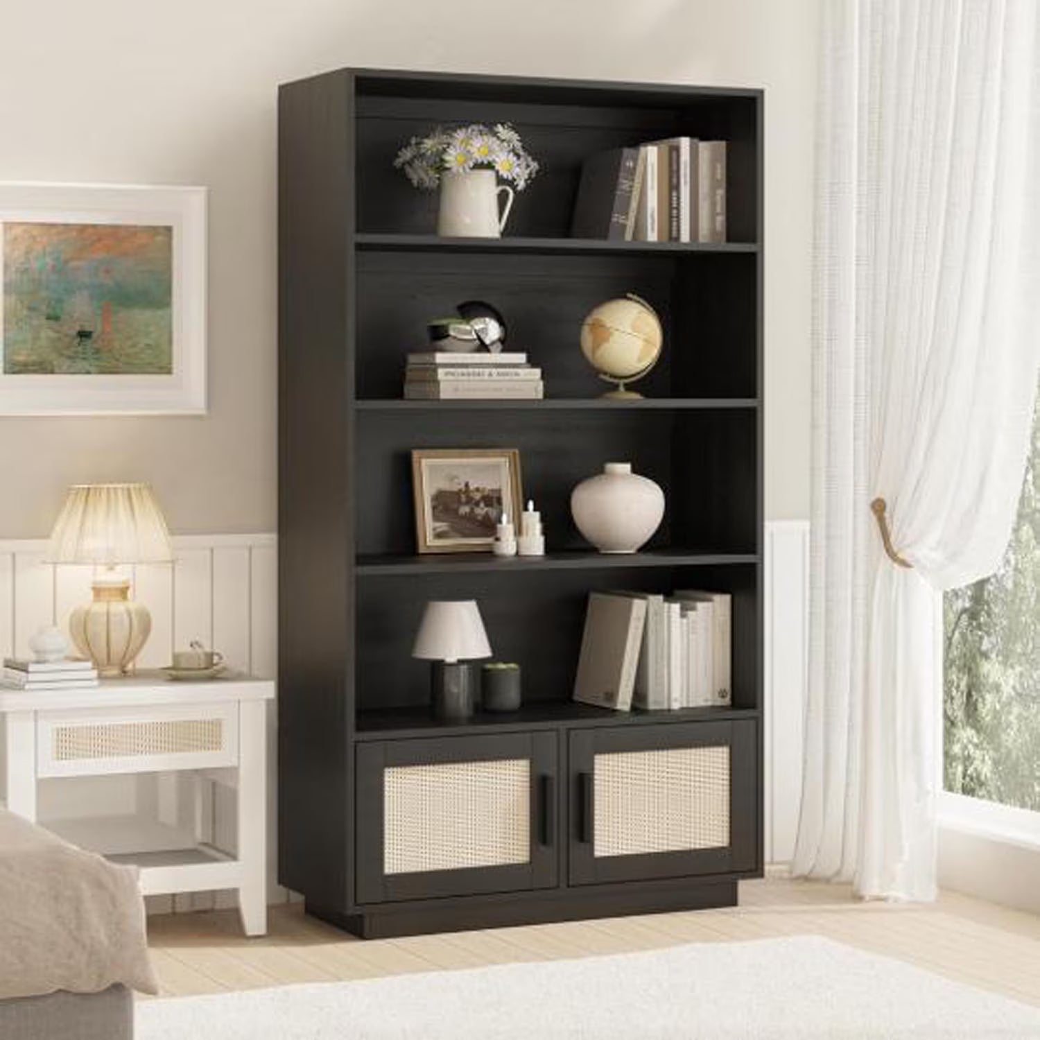 Huloretions 5 Tier Bookself, Boho Bookcase with Rattan Doors, Wooden Bookcase and Bookshelf with Storage, Tall Book Stand, Large Bookshelf for Living Room, Bedroom, Home Office, Kitchen