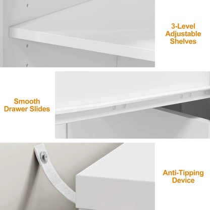 CozyHome 59° Extendable Corner Vanity Desk with Rotatable Tabletop, Large White Makeup Vanity Table for Women Girl, 3 Drawer & 1 Door, Wood Vanity Dresser for Apartment, Dorm, Study Room, Home Office