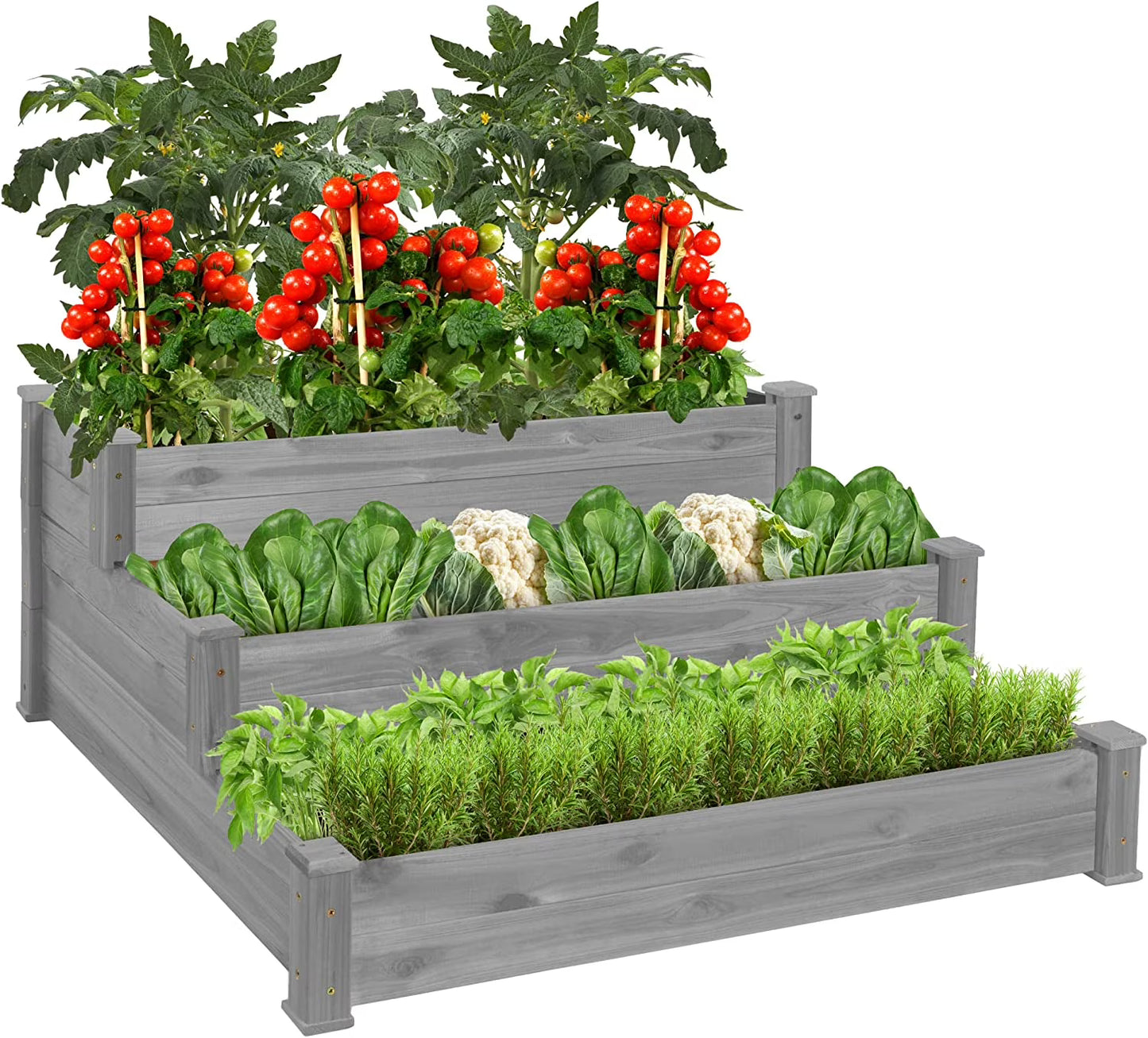 PINDEE 3-Tier Fir Wood Raised Garden Bed Planter Kit for Plants, Herbs, Vegetables, Outdoor Gardening w/Stackable & Flat Arrangement, Easy Assembly - Natural