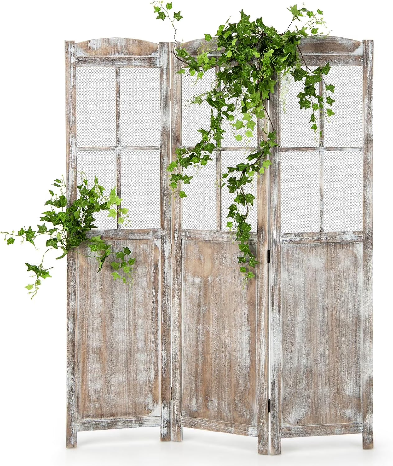 GOFLAME 3-Panel Folding Room Divider, 6FT Paulownia Wood Privacy Screen with Mesh Window, Natural Rustic Freestanding Wall Divider Partition for Room Separation, No Assembly Required