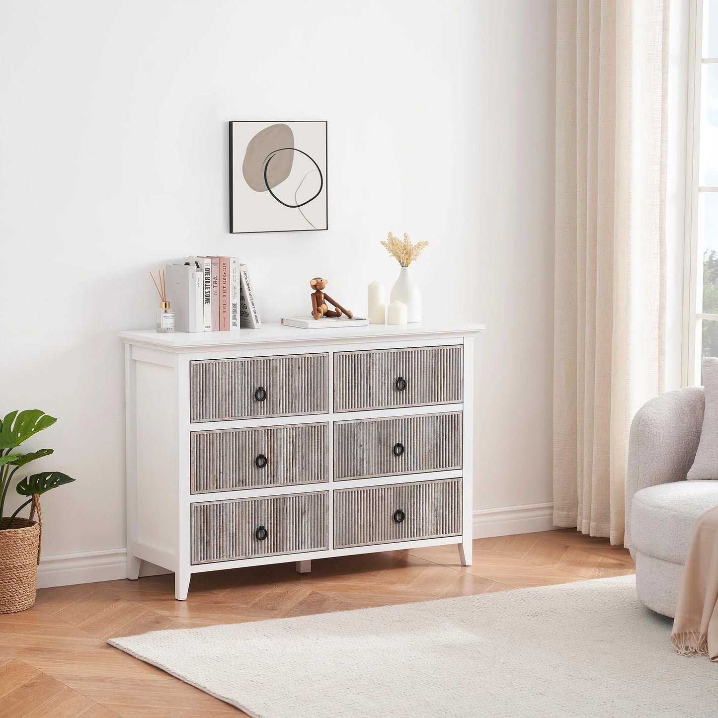 Homhougo White Dresser for Bedroom 6 Drawer, Wood Organizer Storage Cabinet with Gray Strip Drawer Door, Chest of Drawers for Closet, Living Room, Hallway, Nursery, Kids Bedroom
