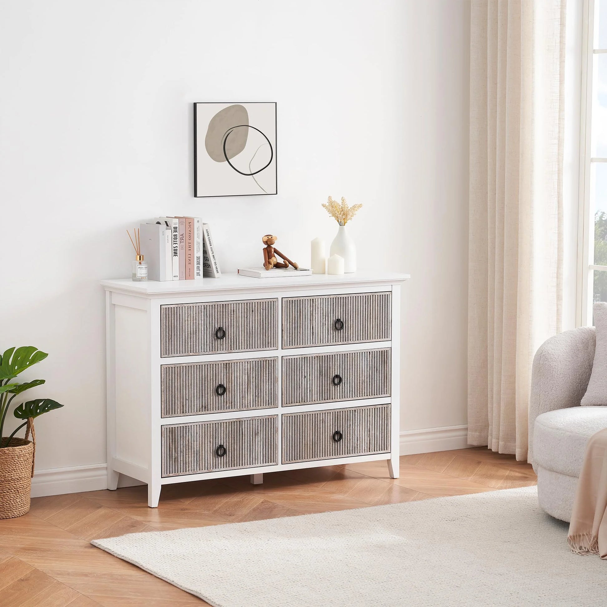 Homhougo White Dresser for Bedroom 6 Drawer, Wood Organizer Storage Cabinet with Gray Strip Drawer Door, Chest of Drawers for Closet, Living Room, Hallway, Nursery, Kids Bedroom