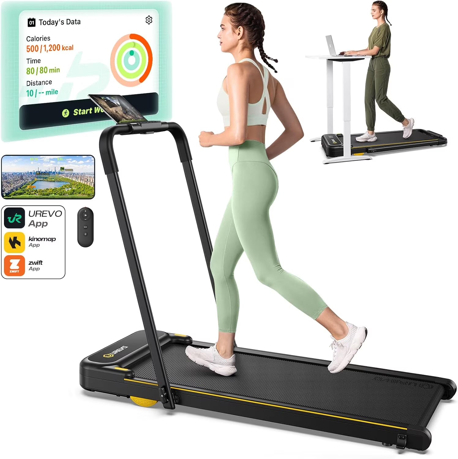 UREVO Spacewalk E1L Smart Walking Pad, Compact Under Desk Treadmill with Double Shock Absorption, Quiet Operation, Workout APP with Track Insights and MIIT Mode, Remote or APP Control for Home Office