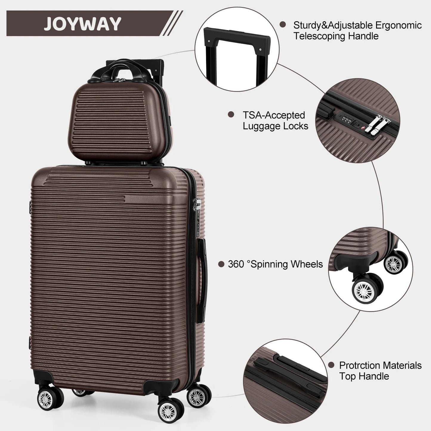 5 Piece Travel Luggage Set, 12" 14" 20'' 24" 28'' Expandable Lightweight Suitcase with Noise-free Double Spinner Wheels & TSA Lock, ABS Hardshell Suitcase for Vacation, Brown
