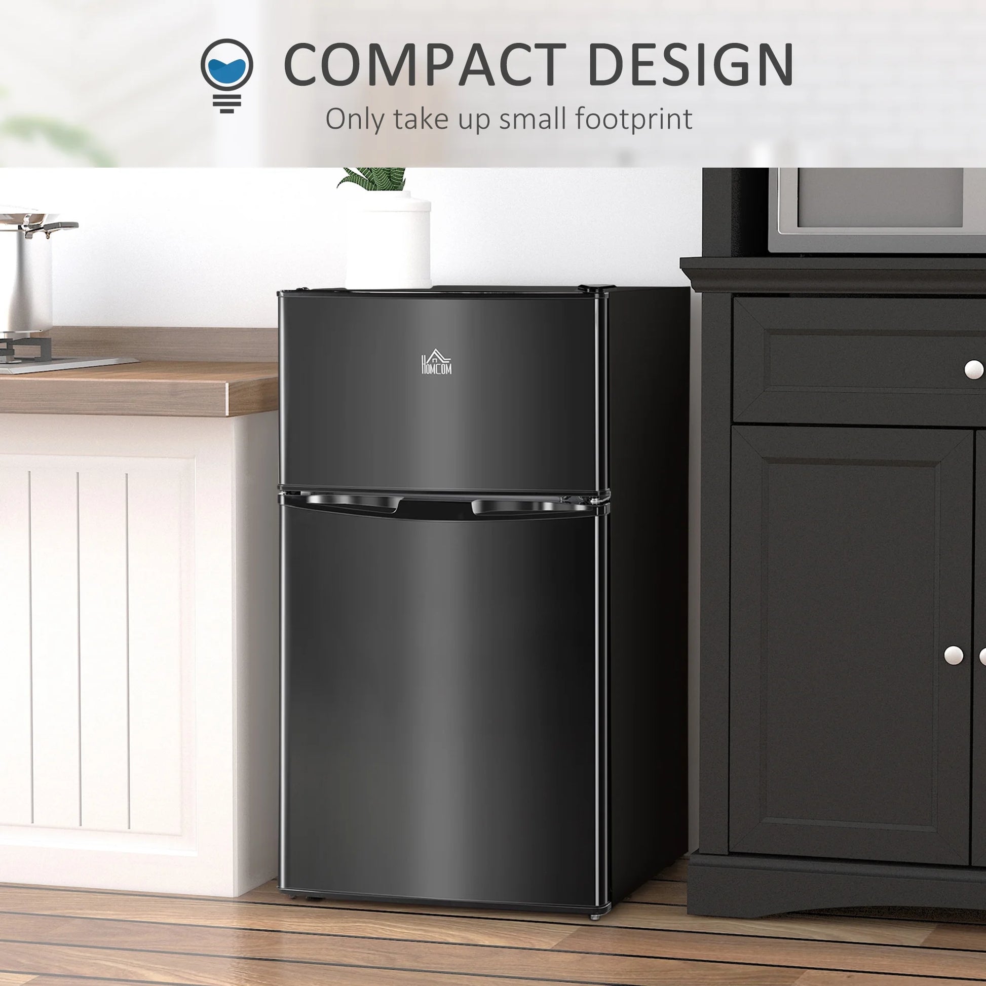 Homiyad 3.2 Cu.Ft Mini Fridge with Freezer, Double Door Compact Refrigerator with Adjustable Thermostat, Shelf and Reversible Door for Bedroom, Dorm, Home Office, Energy Efficient, Black