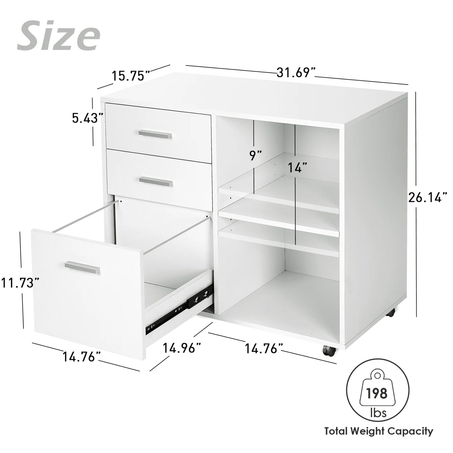 Richya Wood File Cabinet , Printer Stand with Open Storage Shelf, 3-Drawer File Cabinet, Home Office White