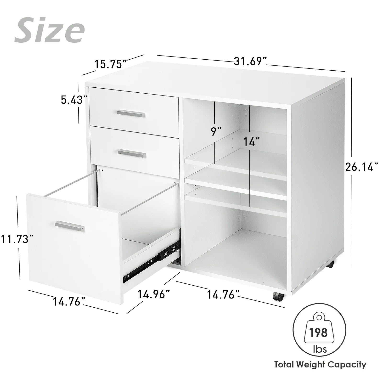 Richya Wood File Cabinet , Printer Stand with Open Storage Shelf, 3-Drawer File Cabinet, Home Office White