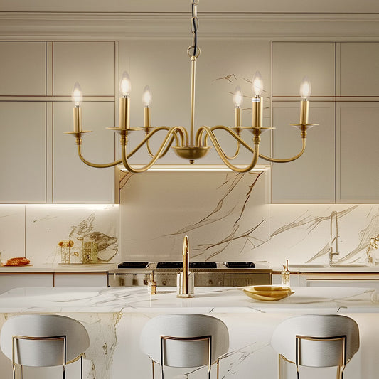 Briignite Modern Farmhouse 6-Light Gold Dining Chandelier, Industrial Candlestick Pendant Lamp for Kitchen & Foyer