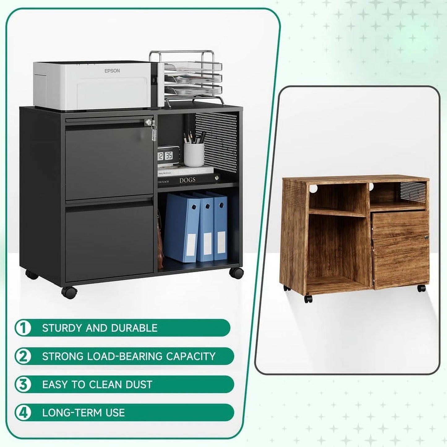 Fesbos Mobile File Cabinet, Metal Lateral Rolling Printer Stand Filing Cabinets with Shelves for Home Office-Storage A4/F4/Letter/Legal