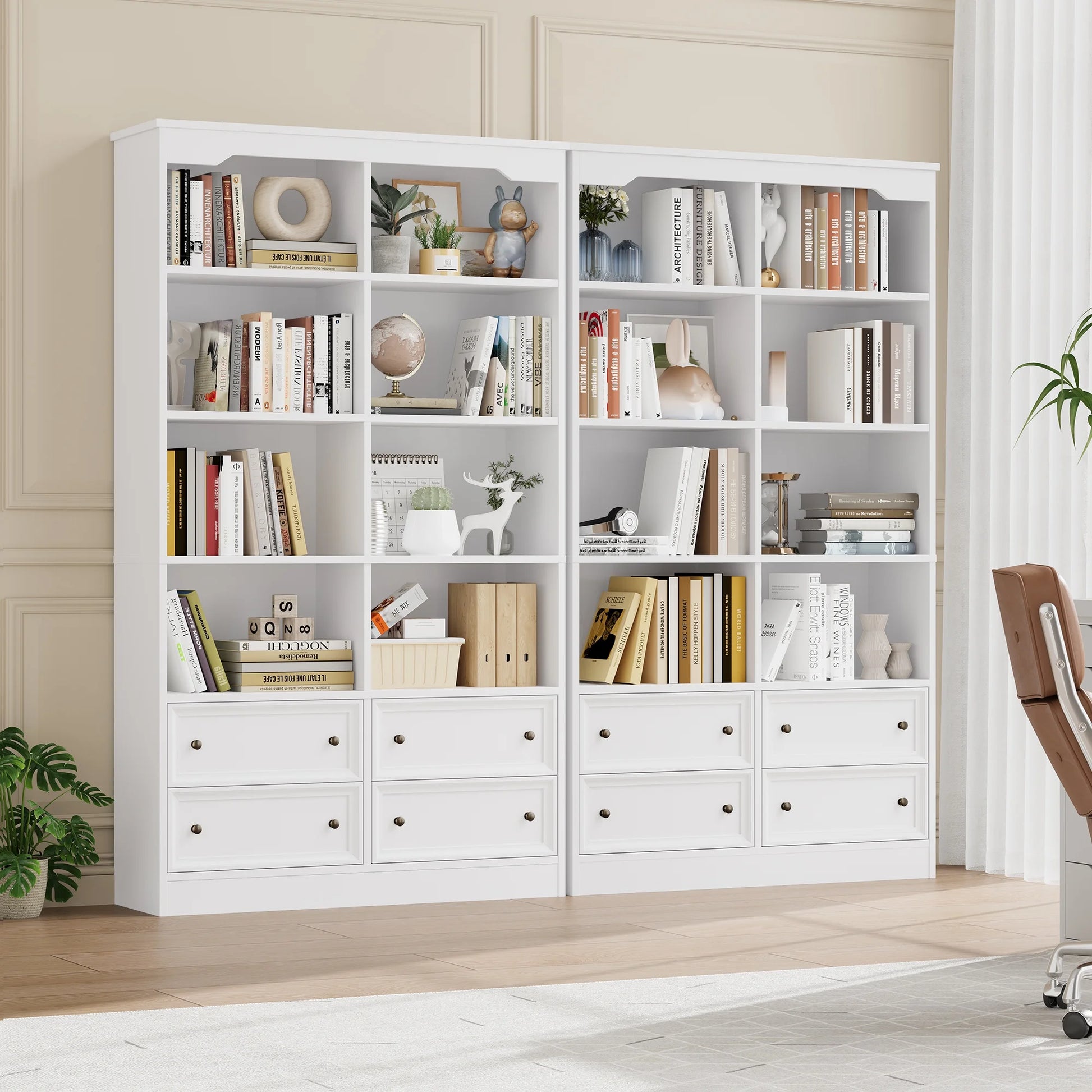 Homfa Double Row 6 Tier Bookcases, 71 in Tall Bookcase Bookshelf with 4 Drawers and 8 Display Cubicles, for Home Office Living Room, White