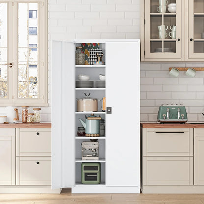 Fesbos Metal Garage Storage Cabinet,71" H Tall White Cabinet with 2 Doors and 5 Adjustbale Shelves,Lockable Tool Cabinet for Garage, Basement, Home Office